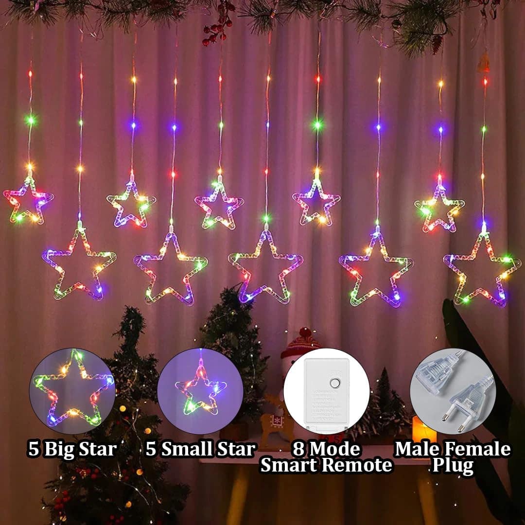 Star Curtain Lights 3M 96 LED Multicolor String Lights - 10 Stars Decorative Fairy Lights for Diwali, Christmas, Wedding & Home Decor - Image 5