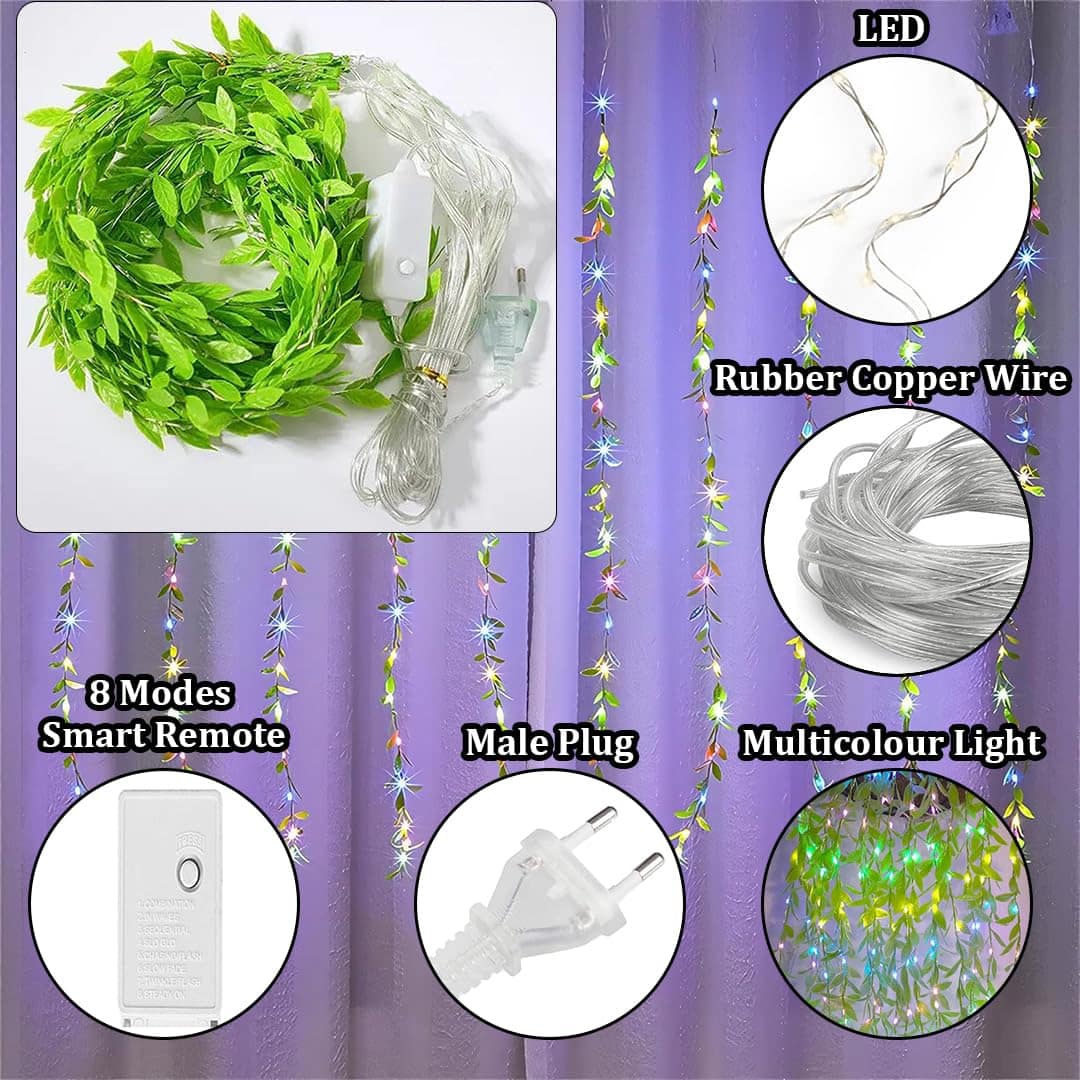 Artificial Leaf Fairy Lights 3m x 1m | 180 LED Multicolor String Lights for Home Decoration | Indoor Outdoor Curtain Lights - Image 7