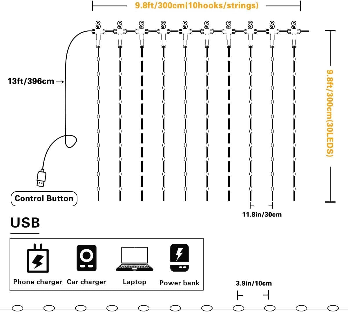 3x3 Meter 300 LED Curtain Lights Warm White - USB Powered String Lights for Wedding, Party, Home Decoration - Image 5
