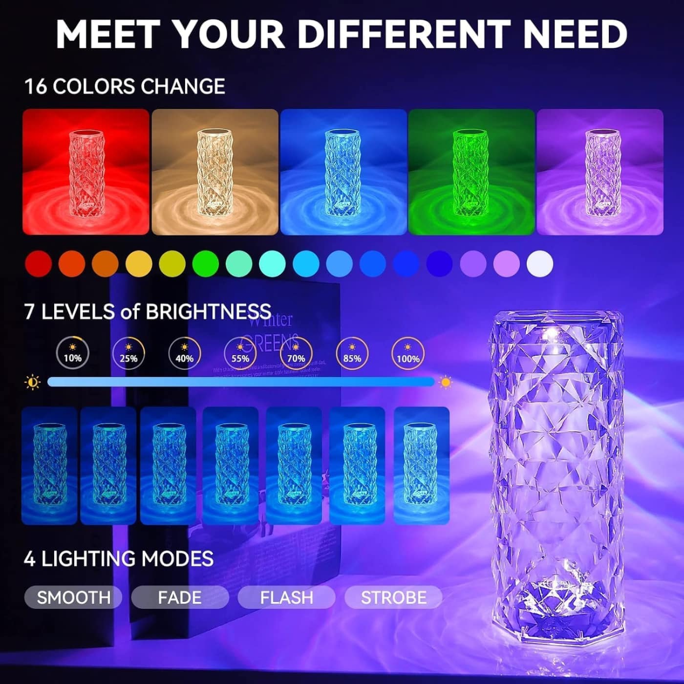 Touch Lamp Diamond Shape with USB Rechargeable | Crystal Table Light for Home Decor, Bedroom & Gifts - Image 12