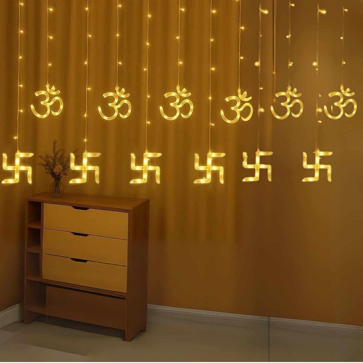 3M LED Swastik Om Curtain Light - 114 LEDs Warm White Diwali Decoration with 6 Swastik & 6 Om Symbols for Home Festival