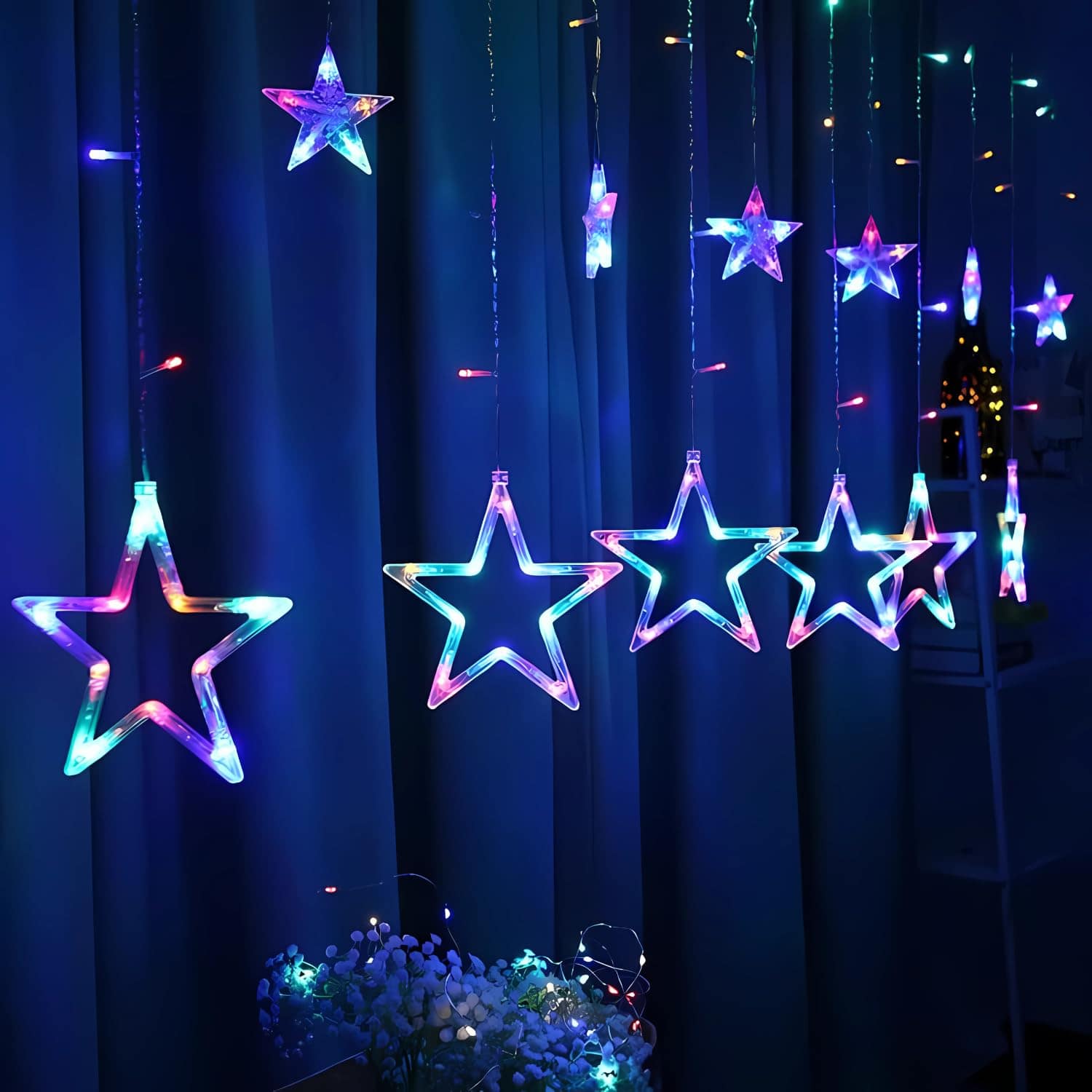 Star Curtain Lights 3m - 108 LED Multicolor Decorative String Lights with 12 Stars for Diwali, Christmas, Wedding & Home Decoration