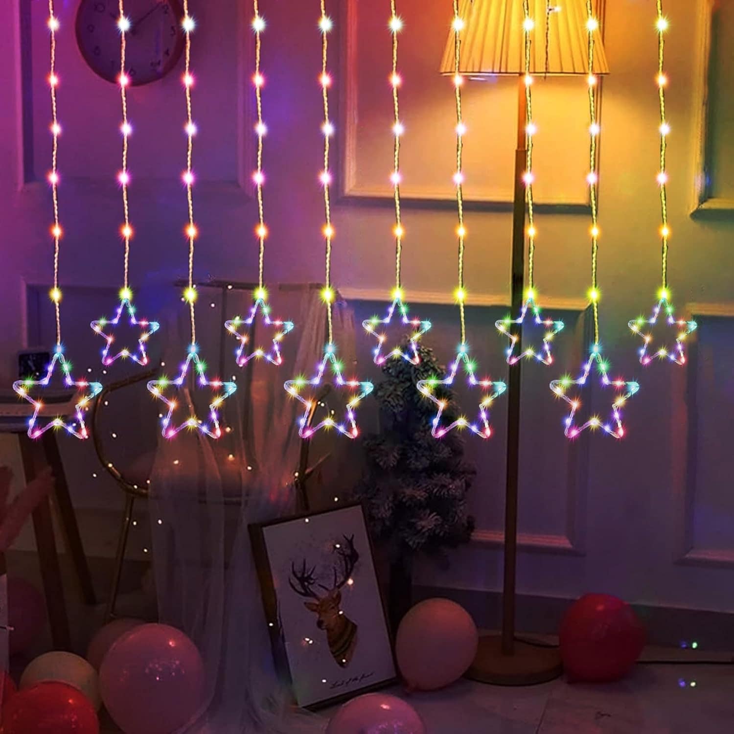 Star Curtain Lights 3M 96 LED Multicolor String Lights - 10 Stars Decorative Fairy Lights for Diwali, Christmas, Wedding & Home Decor