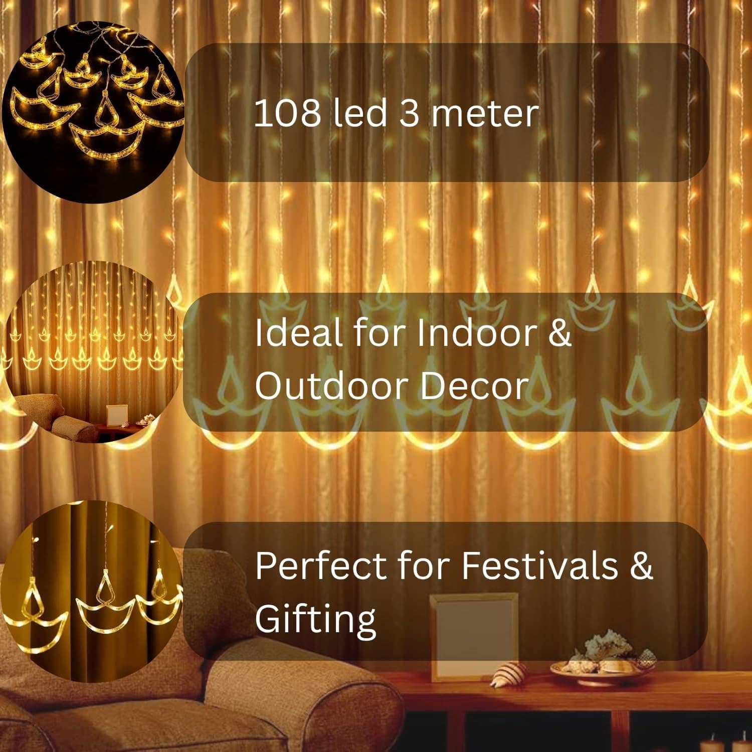 12 Diya Curtain String LED Lights for Diwali Decoration | 3 Meter Warm White Plug-in Fairy Lights with 108 LEDs & 8 Modes | Festival & Home Decor - Image 10