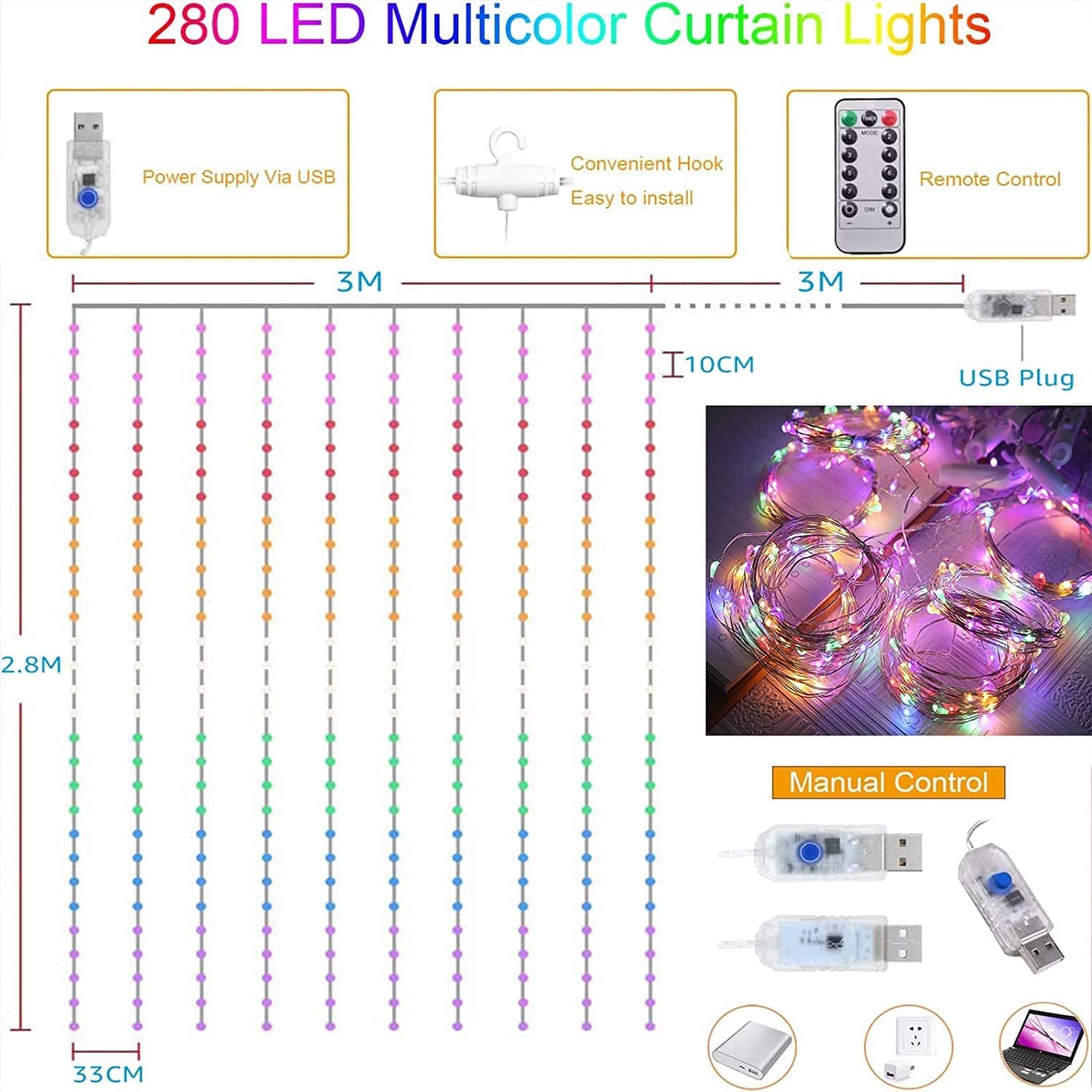 3x3 Meter 300 LED Curtain Lights USB Powered - Multicolor String Lights for Wedding, Party & Home Decoration with Remote Control - Image 9
