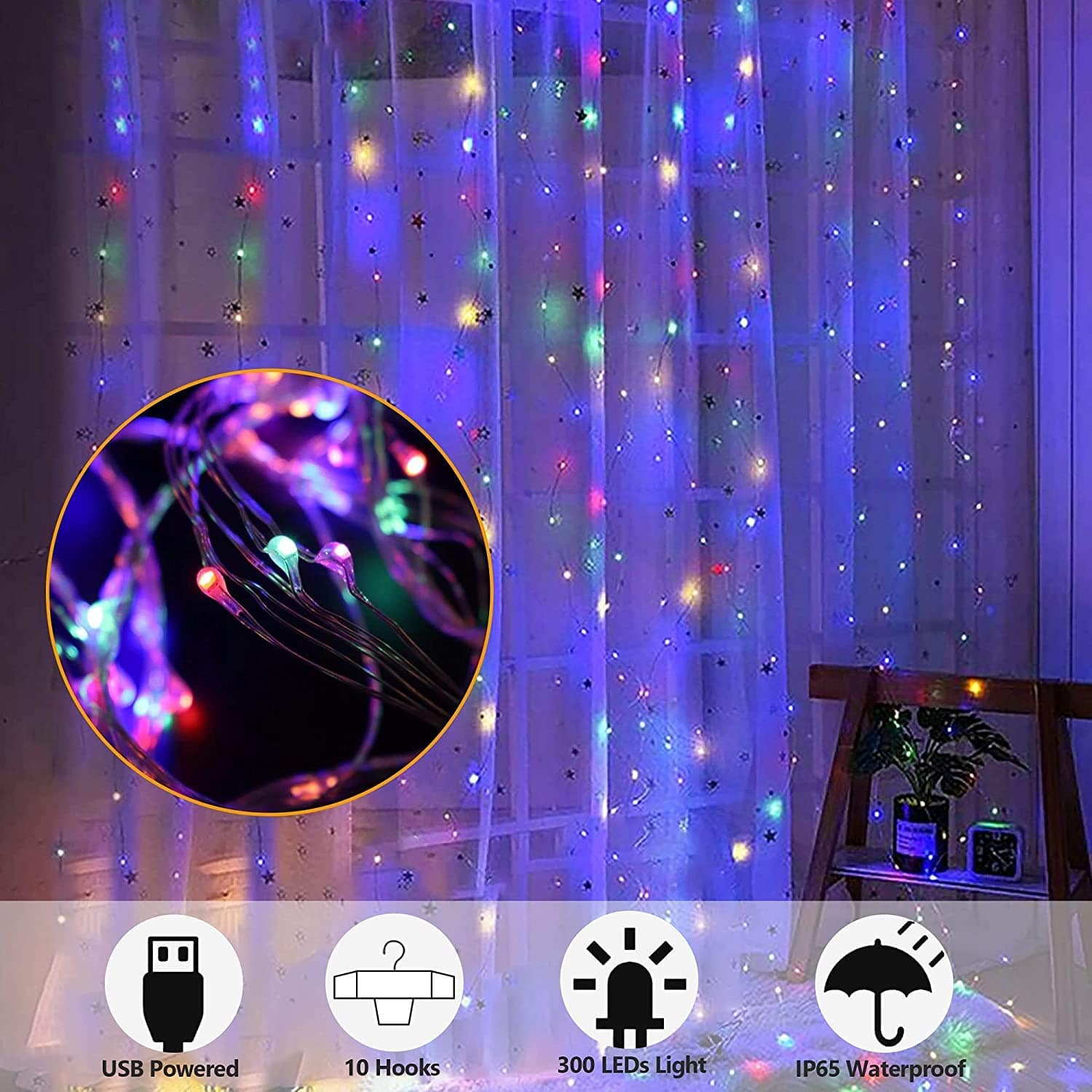 3x3 Meter 300 LED Curtain Lights USB Powered - Multicolor String Lights for Wedding, Party & Home Decoration with Remote Control - Image 4