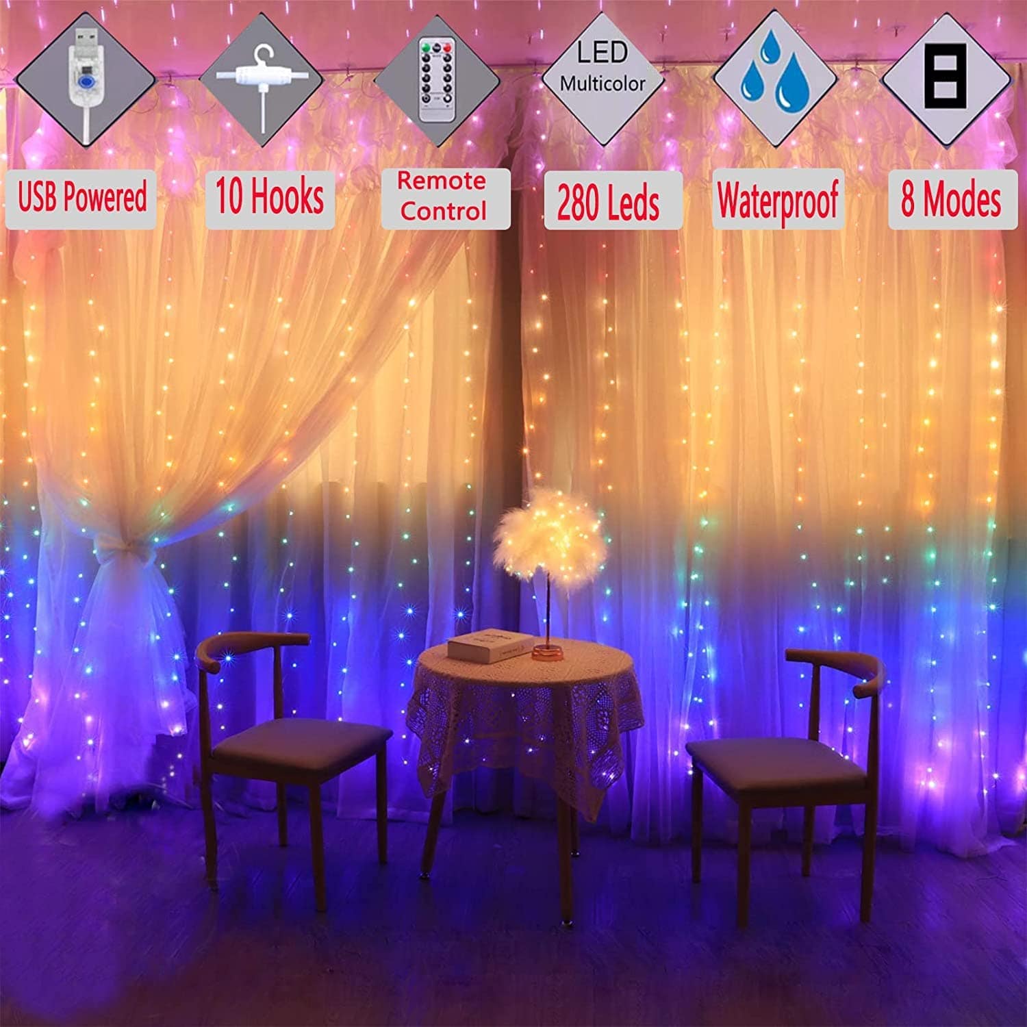 3x3 Meter 300 LED Curtain Lights USB Powered - Multicolor String Lights for Wedding, Party & Home Decoration with Remote Control - Image 10