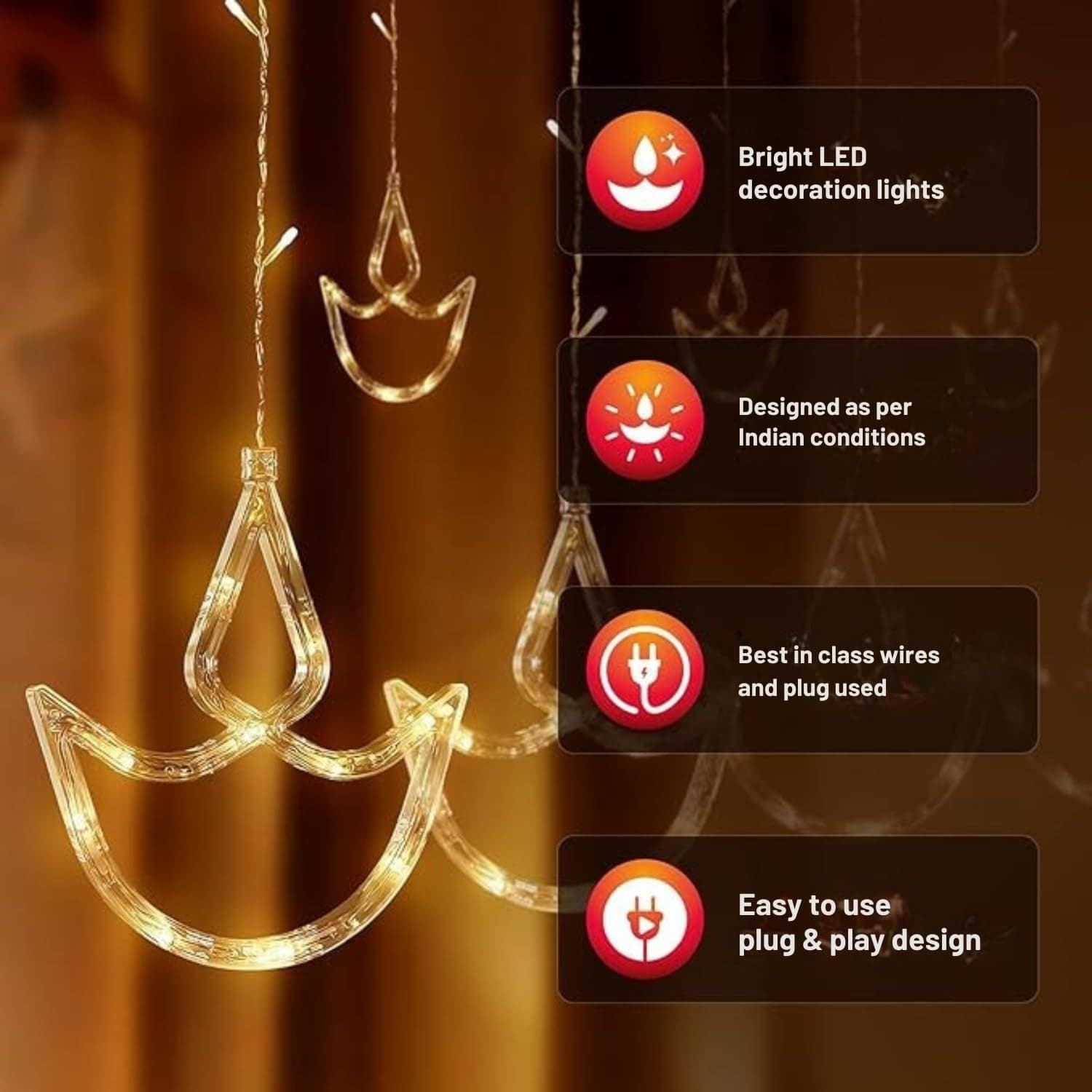 12 Diya Curtain String LED Lights for Diwali Decoration | 3 Meter Warm White Plug-in Fairy Lights with 108 LEDs & 8 Modes | Festival & Home Decor - Image 8