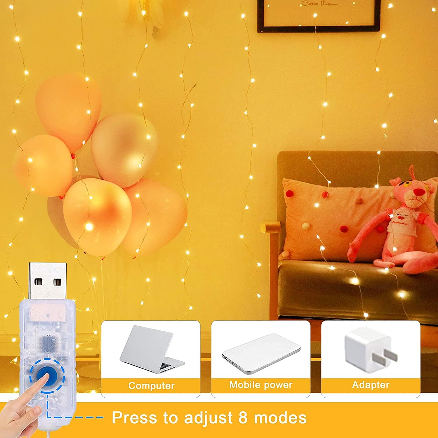 3x3 Meter 300 LED Curtain Lights Warm White - USB Powered String Lights for Wedding, Party, Home Decoration - Image 2