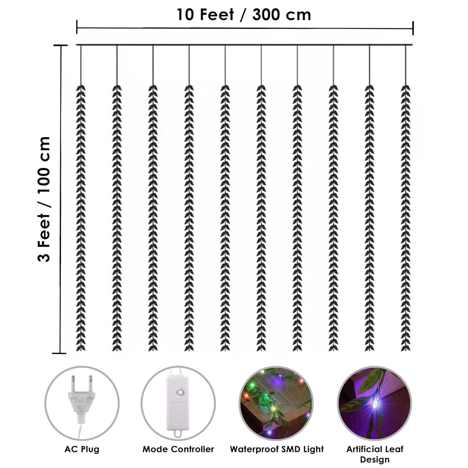 Artificial Leaf Fairy Lights 3m x 1m | 180 LED Multicolor String Lights for Home Decoration | Indoor Outdoor Curtain Lights - Image 3