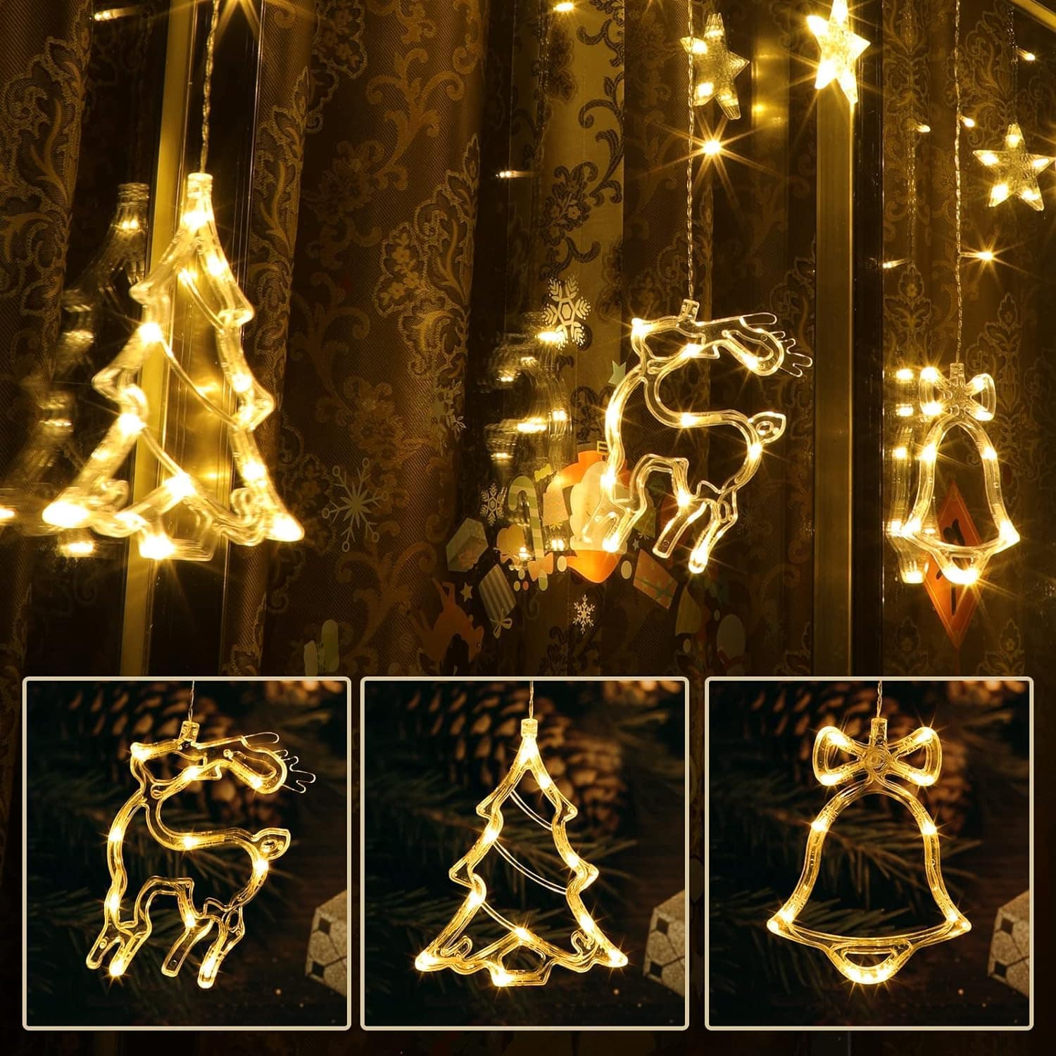 Deer Curtain LED Rice String Lights, 8 Flashing Modes, 5 Star, 2 Christmas Tree, 2 Bell and 2 Christmas Deer Light for Christmas Home Decorations, Festival Diwali - Image 6