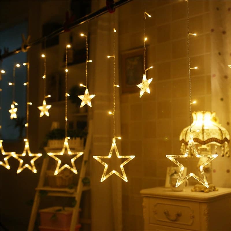 Star Curtain String Lights 3M LED Warm White - 108 LED 12 Stars Decorative Lights for Bedroom Wedding Party Diwali Christmas